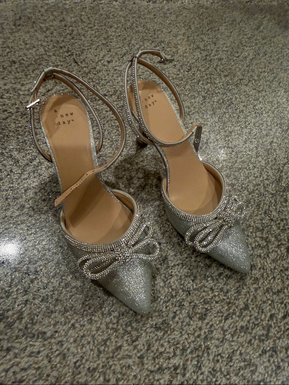 a new day Silver Glitter Pointed Toe Ankle Strap Heels with Bow
